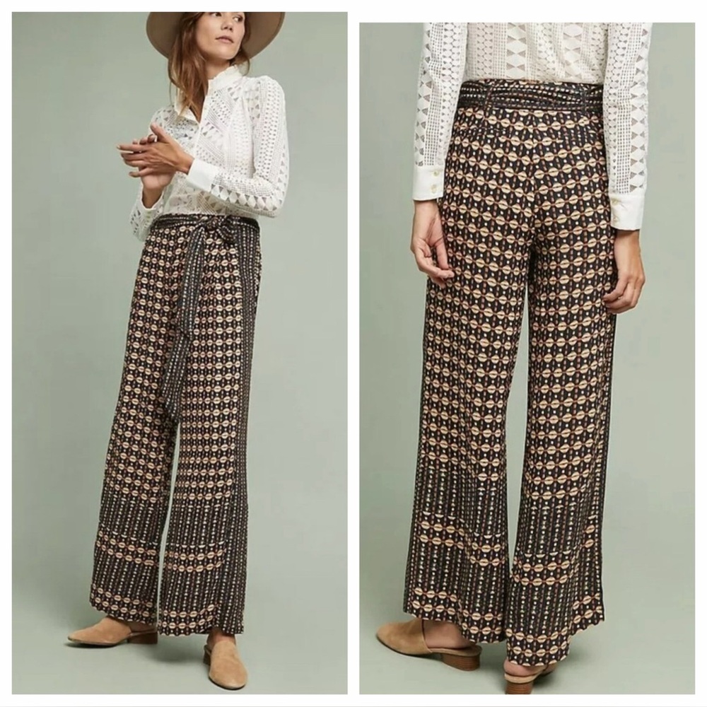 Anthropologie ETT:TWA Metzner Wide leg Geometric Print Belted Pant size Womens 4